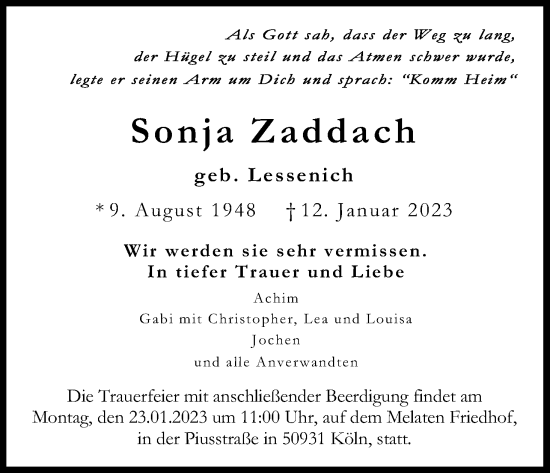 Anzeige von Sonja Zaddach von Kölner Stadt-Anzeiger / Kölnische Rundschau / Express