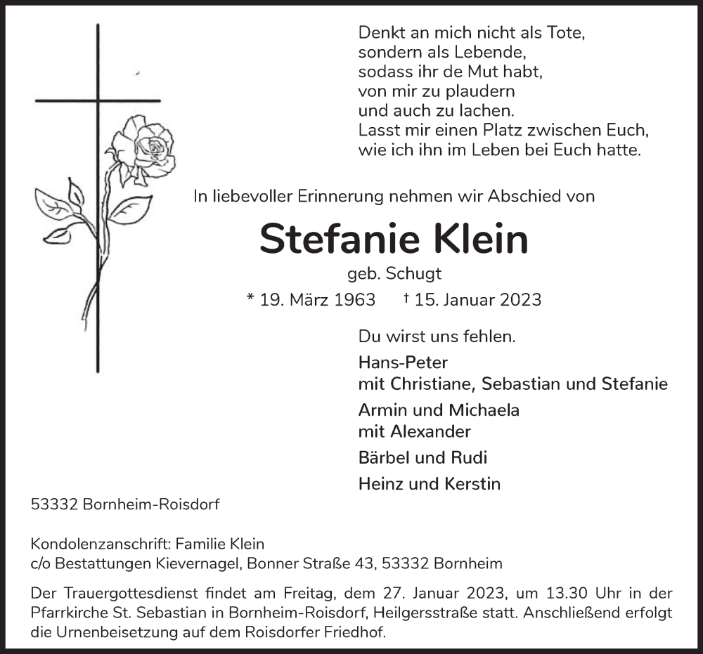  Traueranzeige für Stefanie Klein vom 20.01.2023 aus  Schaufenster/Blickpunkt 