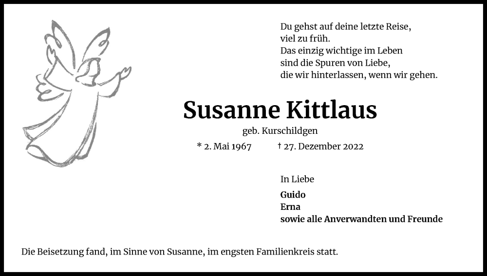  Traueranzeige für Susanne Kittlaus vom 14.01.2023 aus Kölner Stadt-Anzeiger / Kölnische Rundschau / Express