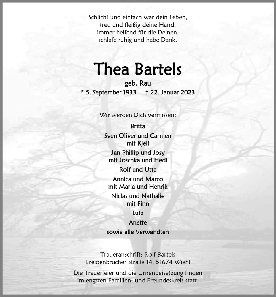  Traueranzeige für Thea Bartels vom 27.01.2023 aus  Anzeigen Echo 