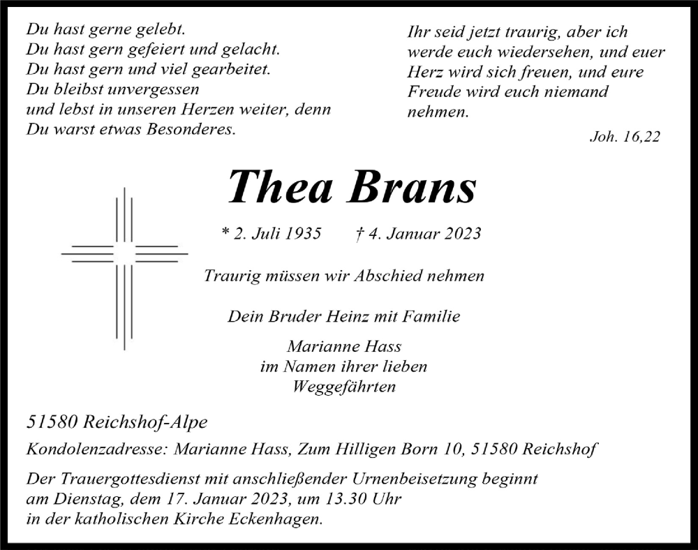  Traueranzeige für Thea Brans vom 13.01.2023 aus  Anzeigen Echo 