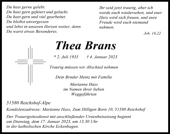 Anzeige von Thea Brans von  Anzeigen Echo 