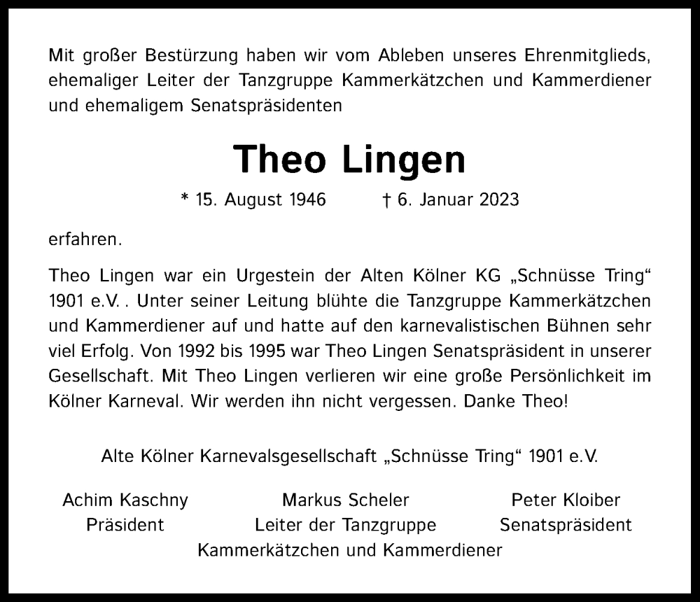  Traueranzeige für Theo Lingen vom 21.01.2023 aus Kölner Stadt-Anzeiger / Kölnische Rundschau / Express