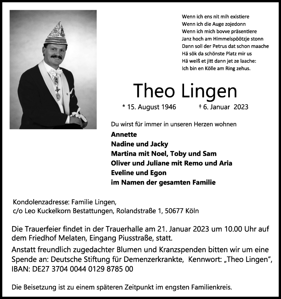  Traueranzeige für Theo Lingen vom 14.01.2023 aus Kölner Stadt-Anzeiger / Kölnische Rundschau / Express