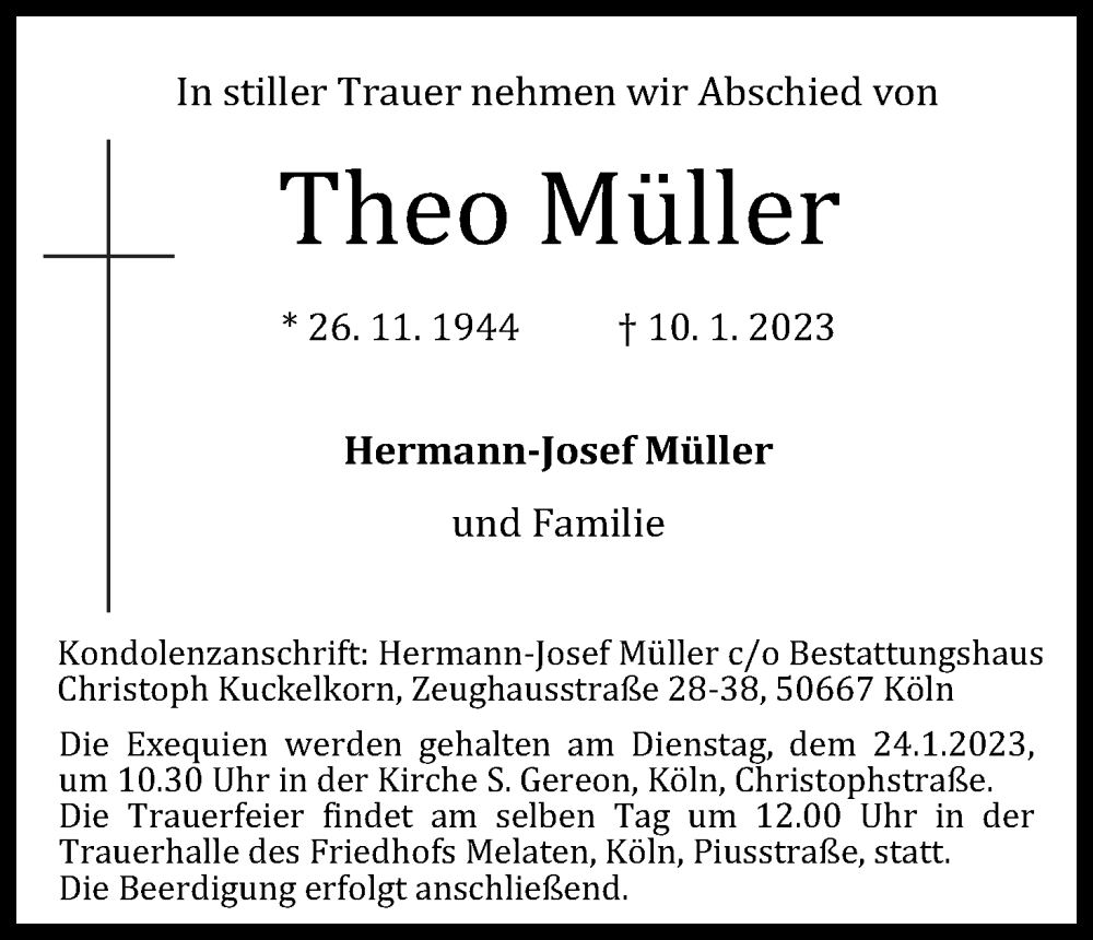  Traueranzeige für Theo Müller vom 18.01.2023 aus Kölner Stadt-Anzeiger / Kölnische Rundschau / Express