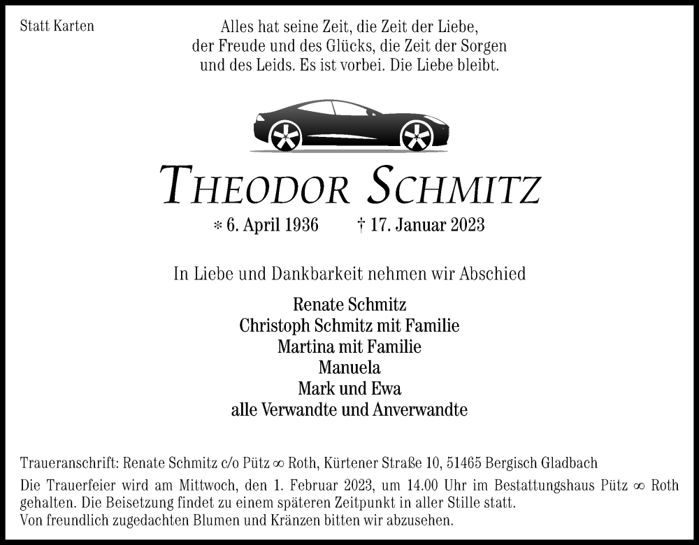  Traueranzeige für Theodor Schmitz vom 28.01.2023 aus Kölner Stadt-Anzeiger / Kölnische Rundschau / Express