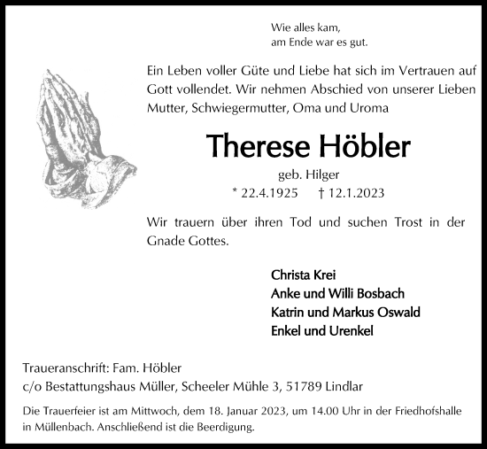Anzeige von Therese Höbler von Kölner Stadt-Anzeiger / Kölnische Rundschau / Express