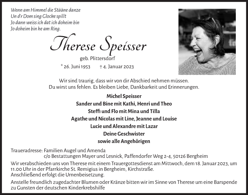  Traueranzeige für Therese Speisser vom 13.01.2023 aus  Werbepost 