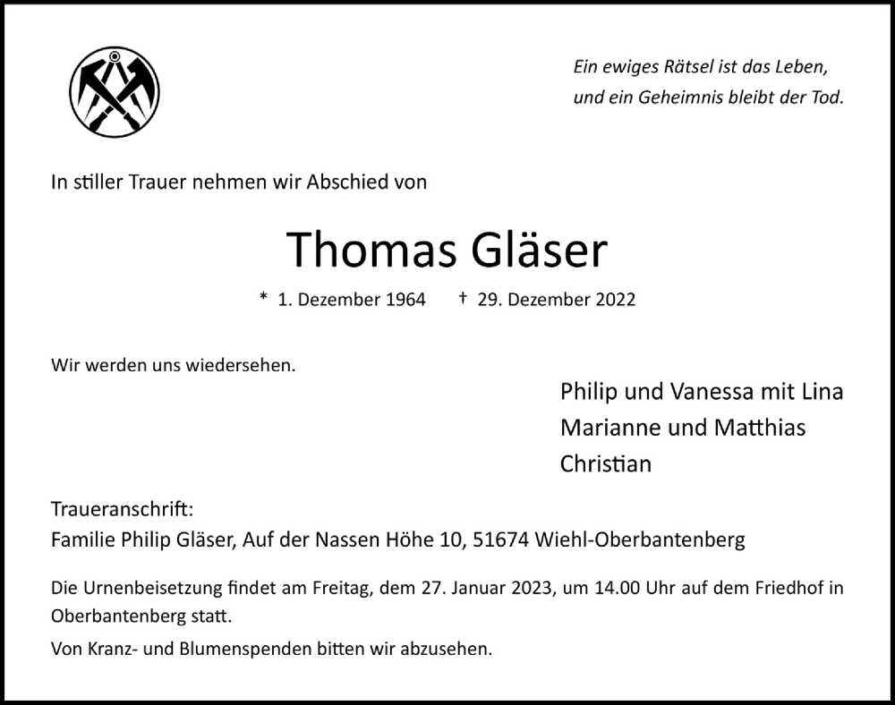  Traueranzeige für Thomas Gläser vom 06.01.2023 aus  Anzeigen Echo 