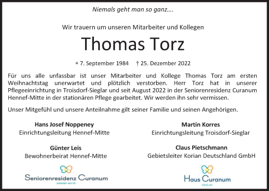 Anzeige von Thomas Torz von Kölner Stadt-Anzeiger / Kölnische Rundschau / Express
