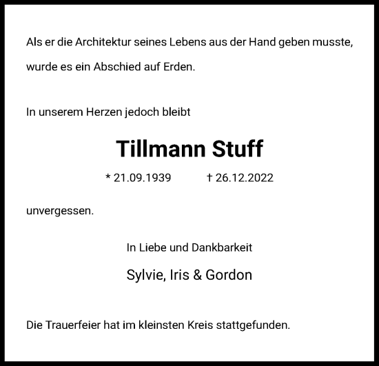 Anzeige von Tillmann Stuff von Kölner Stadt-Anzeiger / Kölnische Rundschau / Express