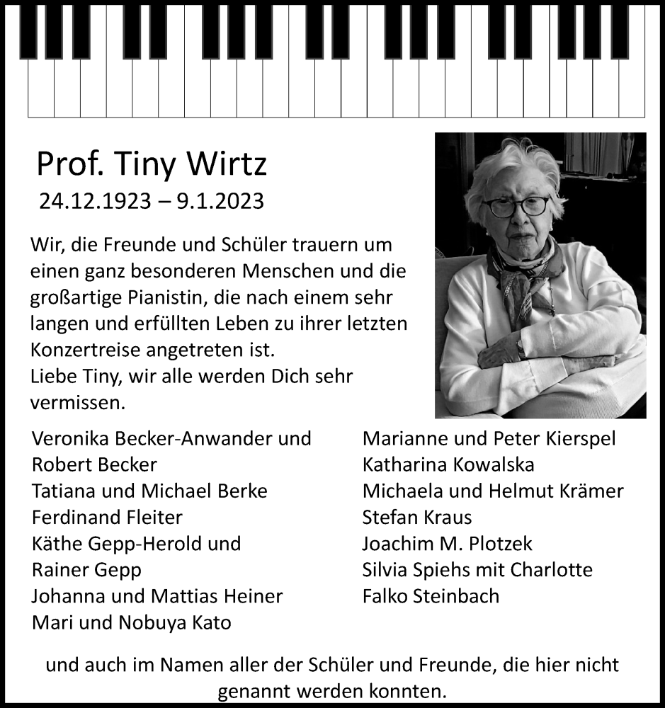  Traueranzeige für Tiny Wirtz vom 21.01.2023 aus Kölner Stadt-Anzeiger / Kölnische Rundschau / Express