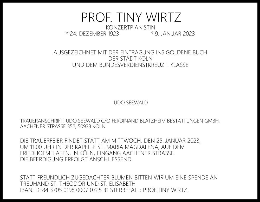  Traueranzeige für Tiny Wirtz vom 21.01.2023 aus Kölner Stadt-Anzeiger / Kölnische Rundschau / Express