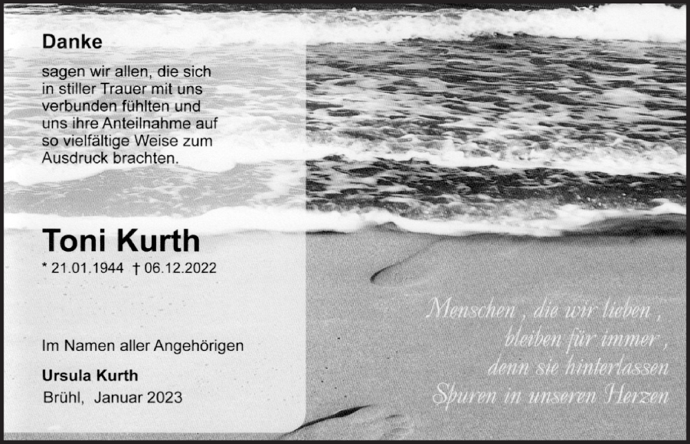  Traueranzeige für Toni Kurth vom 27.01.2023 aus  Schlossbote/Werbekurier 
