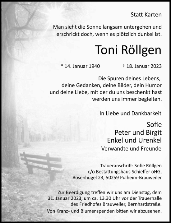 Anzeige von Toni Röllgen von  Wochenende 