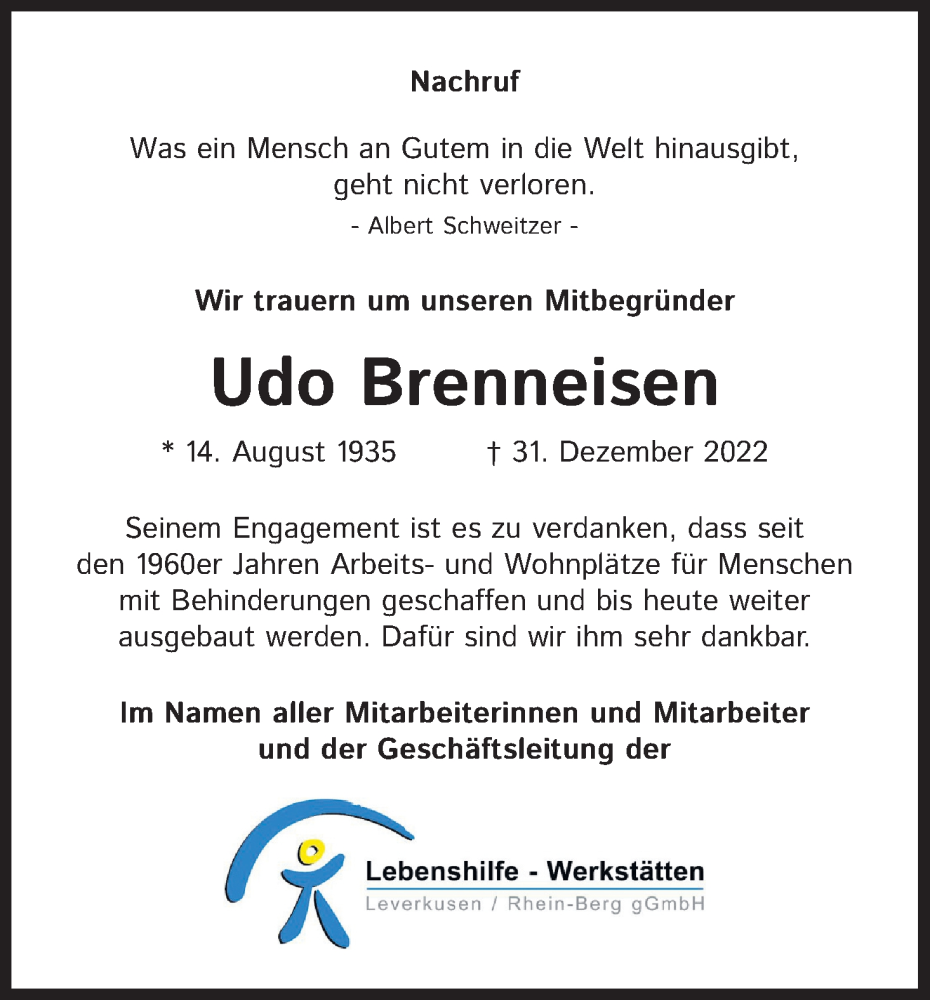  Traueranzeige für Udo Brenneisen vom 21.01.2023 aus Kölner Stadt-Anzeiger / Kölnische Rundschau / Express