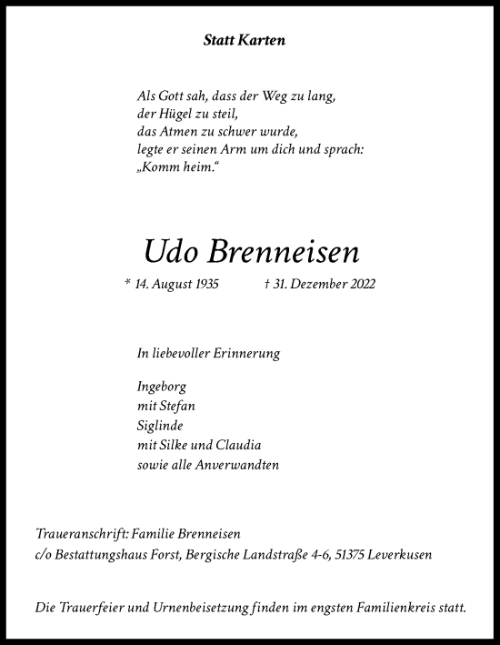 Anzeige von Udo Brenneisen von Kölner Stadt-Anzeiger / Kölnische Rundschau / Express