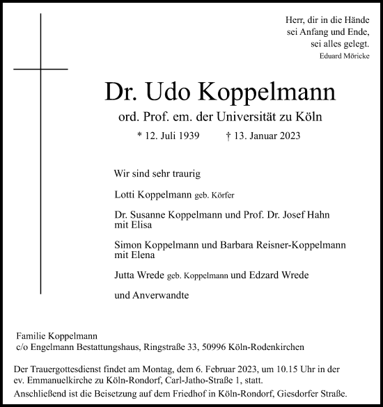 Anzeige von Udo Koppelmann von Kölner Stadt-Anzeiger / Kölnische Rundschau / Express