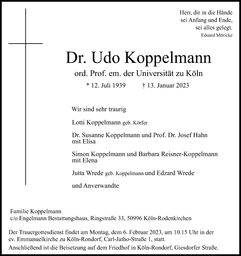  Traueranzeige für Udo Koppelmann vom 28.01.2023 aus Kölner Stadt-Anzeiger / Kölnische Rundschau / Express