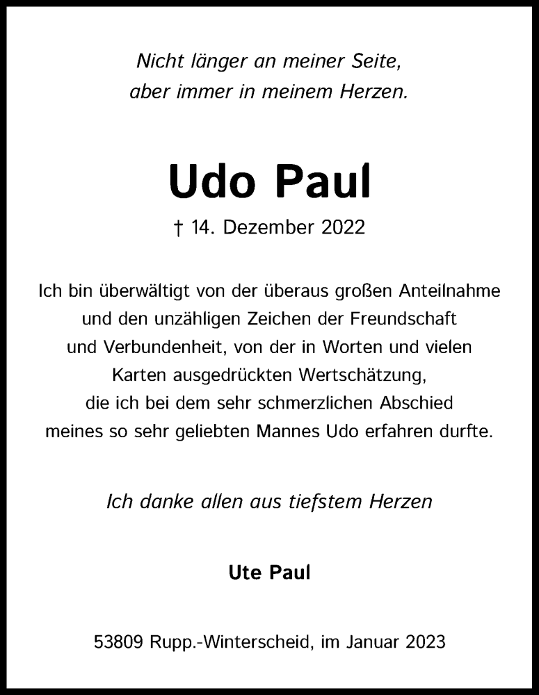  Traueranzeige für Udo Paul vom 21.01.2023 aus Kölner Stadt-Anzeiger / Kölnische Rundschau / Express