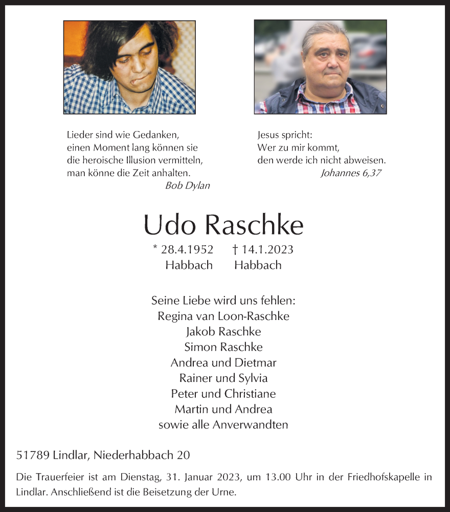 Traueranzeige für Udo Raschke vom 21.01.2023 aus Kölner Stadt-Anzeiger / Kölnische Rundschau / Express