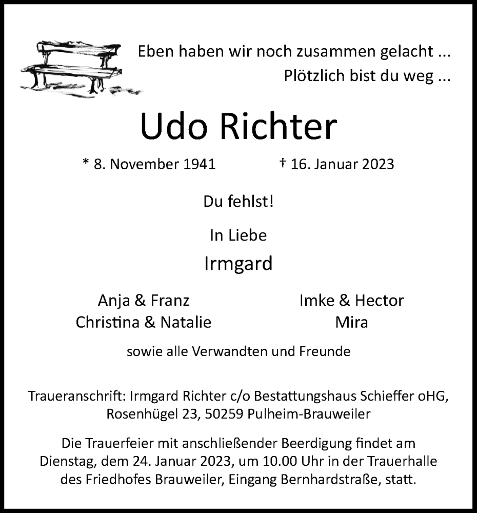  Traueranzeige für Udo Richter vom 21.01.2023 aus Kölner Stadt-Anzeiger / Kölnische Rundschau / Express