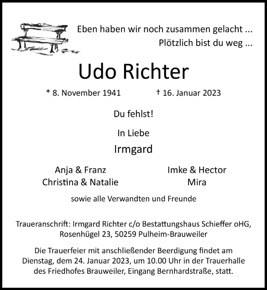  Traueranzeige für Udo Richter vom 20.01.2023 aus  Wochenende 
