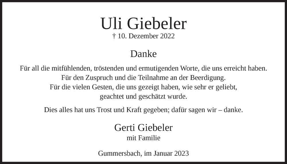  Traueranzeige für Uli Giebeler vom 27.01.2023 aus  Anzeigen Echo 