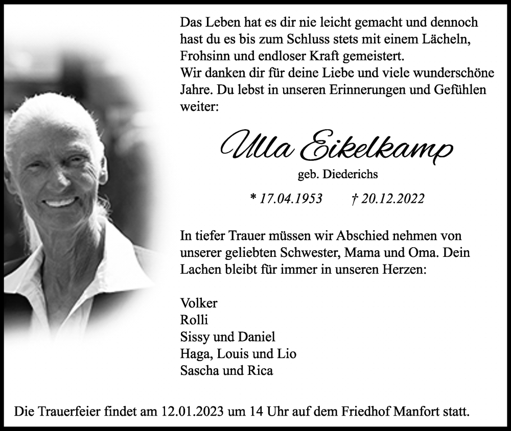  Traueranzeige für Ulla Eikelkamp vom 07.01.2023 aus Kölner Stadt-Anzeiger / Kölnische Rundschau / Express