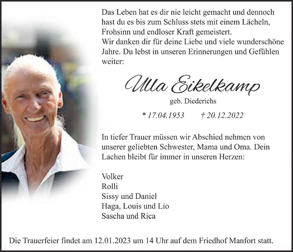  Traueranzeige für Ulla Eikelkamp vom 06.01.2023 aus  Lokale Informationen 
