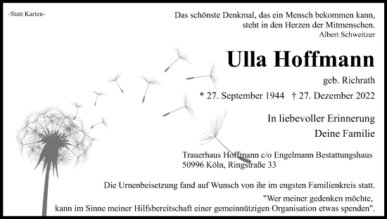 Anzeige von Ulla Hoffmann von Kölner Stadt-Anzeiger / Kölnische Rundschau / Express