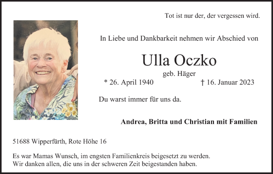 Anzeige von Ulla Oczko von Kölner Stadt-Anzeiger / Kölnische Rundschau / Express