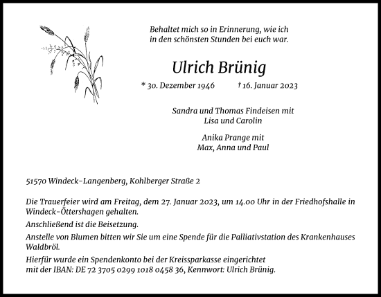 Anzeige von Ulrich Brünig von Kölner Stadt-Anzeiger / Kölnische Rundschau / Express