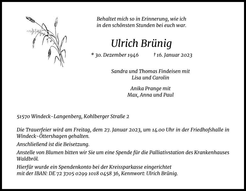  Traueranzeige für Ulrich Brünig vom 21.01.2023 aus Kölner Stadt-Anzeiger / Kölnische Rundschau / Express