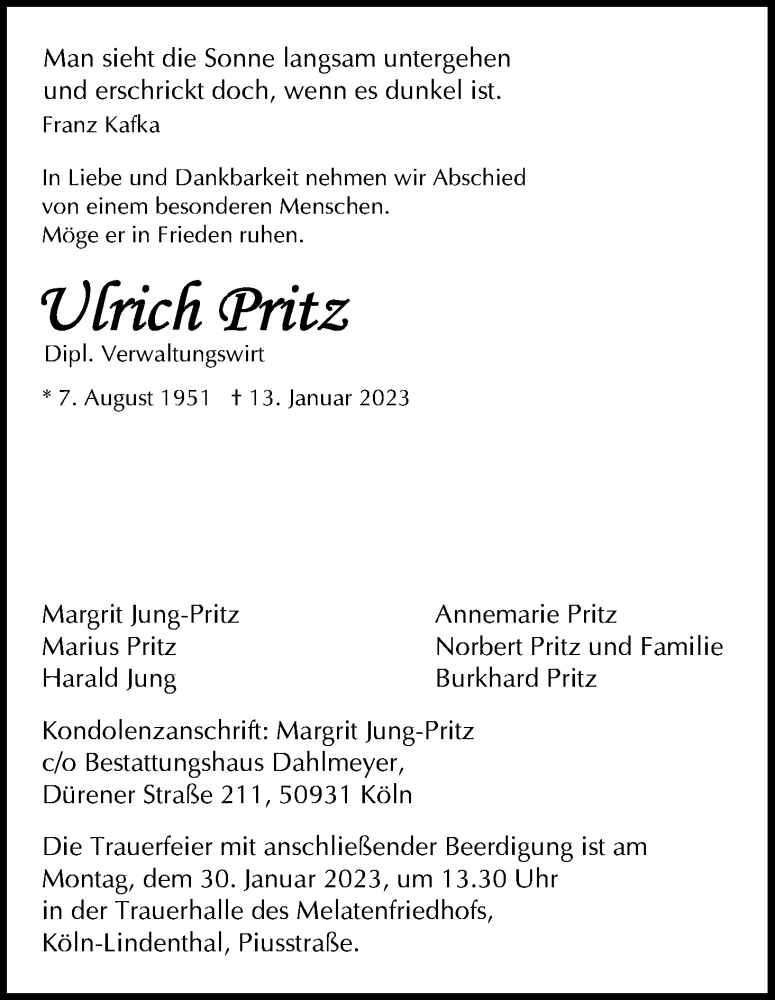  Traueranzeige für Ulrich Pritz vom 28.01.2023 aus Kölner Stadt-Anzeiger / Kölnische Rundschau / Express