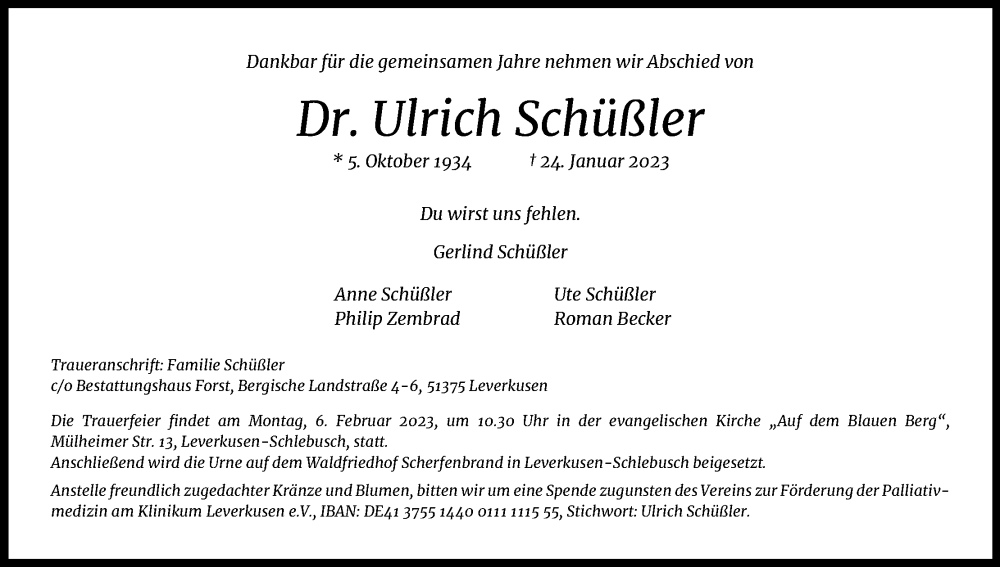  Traueranzeige für Ulrich Schüßler vom 28.01.2023 aus Kölner Stadt-Anzeiger / Kölnische Rundschau / Express