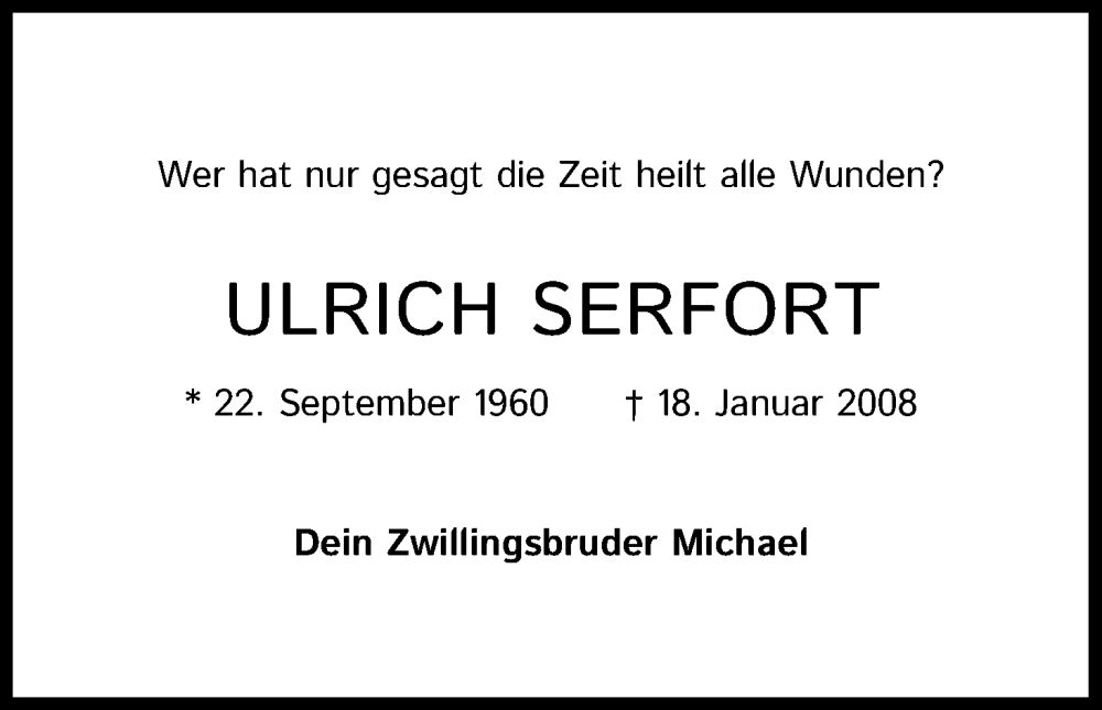  Traueranzeige für Ulrich Serfort vom 18.01.2023 aus Kölner Stadt-Anzeiger / Kölnische Rundschau / Express