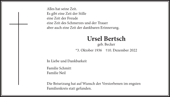 Anzeige von Ursel Bertsch von  Wochenende  Werbepost 