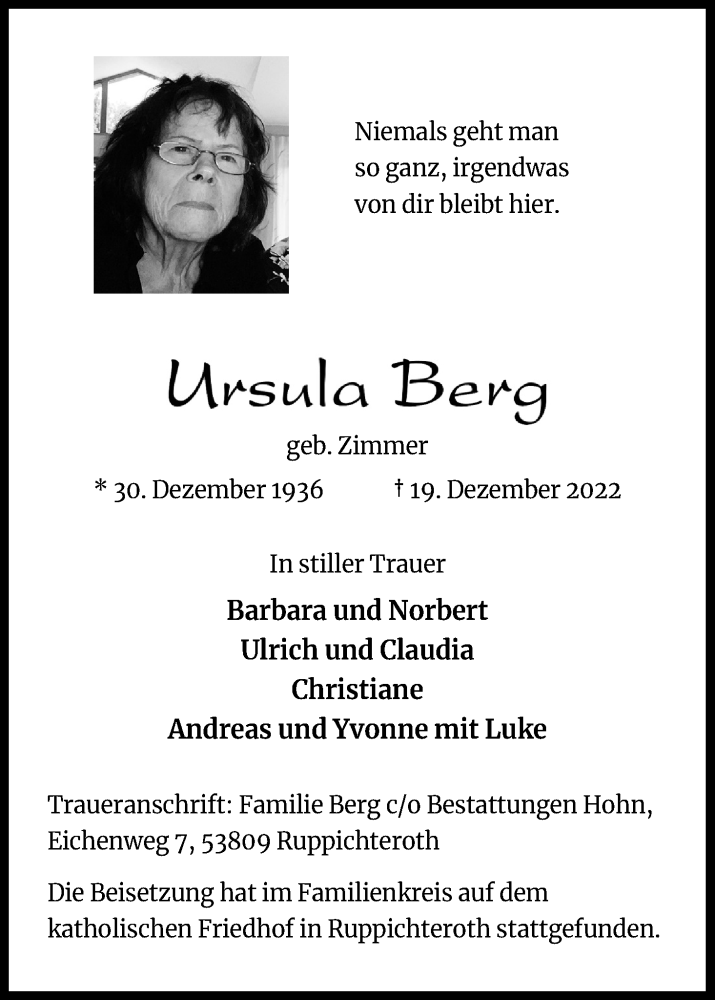  Traueranzeige für Ursula Berg vom 07.01.2023 aus Kölner Stadt-Anzeiger / Kölnische Rundschau / Express