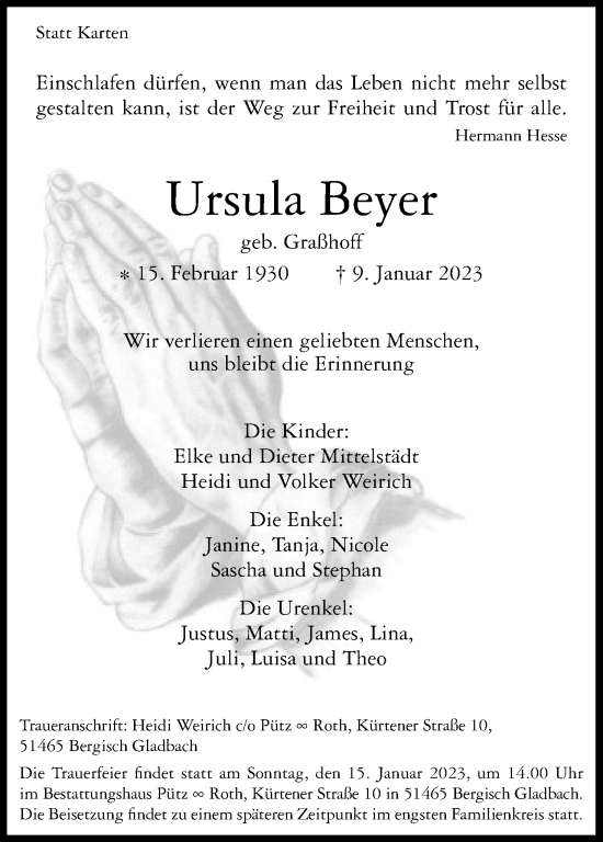 Anzeige von Ursula Beyer von Kölner Stadt-Anzeiger / Kölnische Rundschau / Express