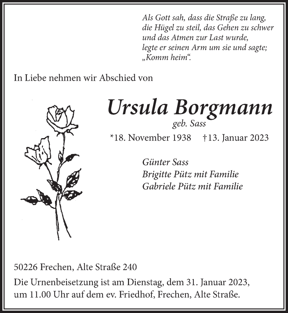  Traueranzeige für Ursula Borgmann vom 20.01.2023 aus  Wochenende 