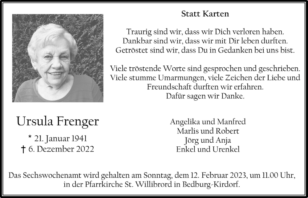  Traueranzeige für Ursula Frenger vom 20.01.2023 aus  Werbepost 