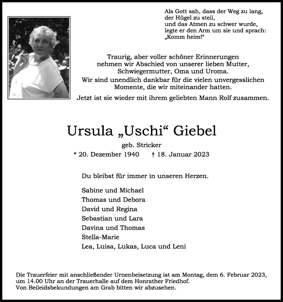  Traueranzeige für Ursula  Giebel vom 28.01.2023 aus Kölner Stadt-Anzeiger / Kölnische Rundschau / Express