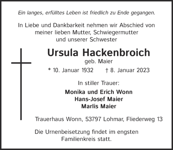 Anzeige von Ursula Hackenbroich von  EXPRESS - Die Woche 