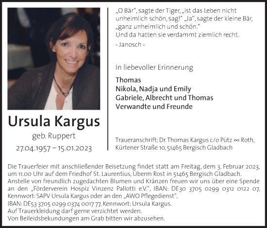 Anzeige von Ursula Kargus von Kölner Stadt-Anzeiger / Kölnische Rundschau / Express