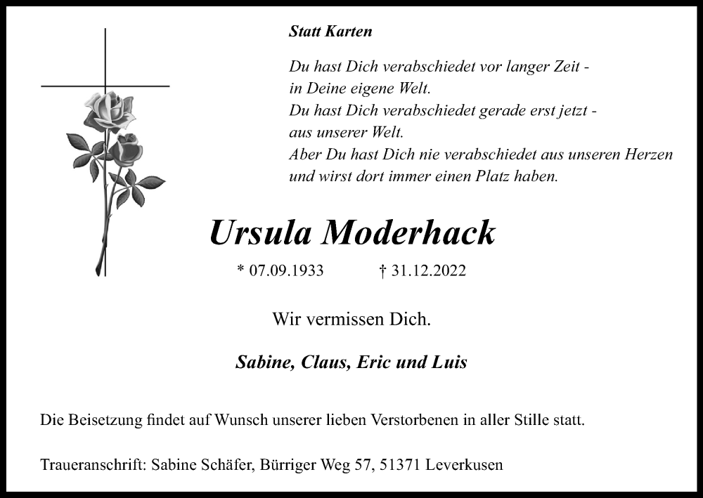  Traueranzeige für Ursula Moderhack vom 07.01.2023 aus Kölner Stadt-Anzeiger / Kölnische Rundschau / Express