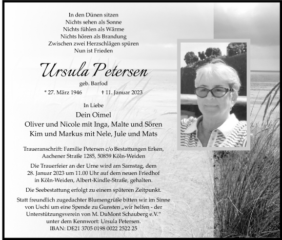 Anzeige von Ursula Petersen von Kölner Stadt-Anzeiger / Kölnische Rundschau / Express