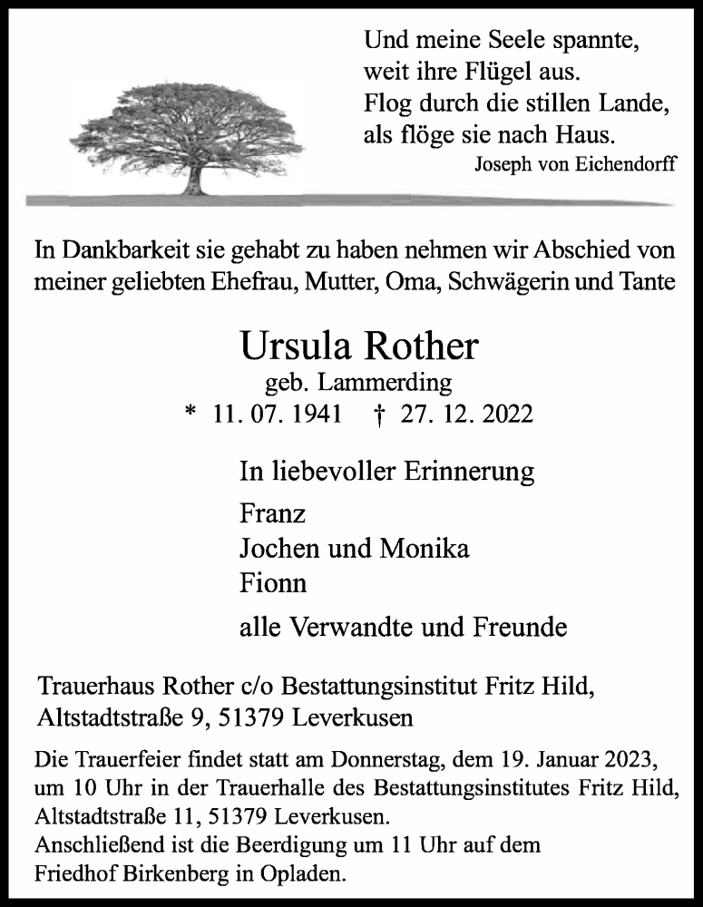  Traueranzeige für Ursula Rother vom 07.01.2023 aus Kölner Stadt-Anzeiger / Kölnische Rundschau / Express