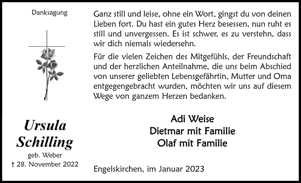  Traueranzeige für Ursula Schilling vom 06.01.2023 aus  Anzeigen Echo 