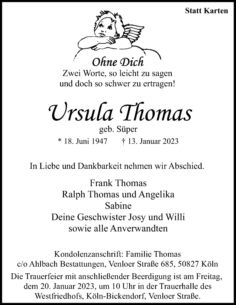  Traueranzeige für Ursula Thomas vom 18.01.2023 aus Kölner Stadt-Anzeiger / Kölnische Rundschau / Express